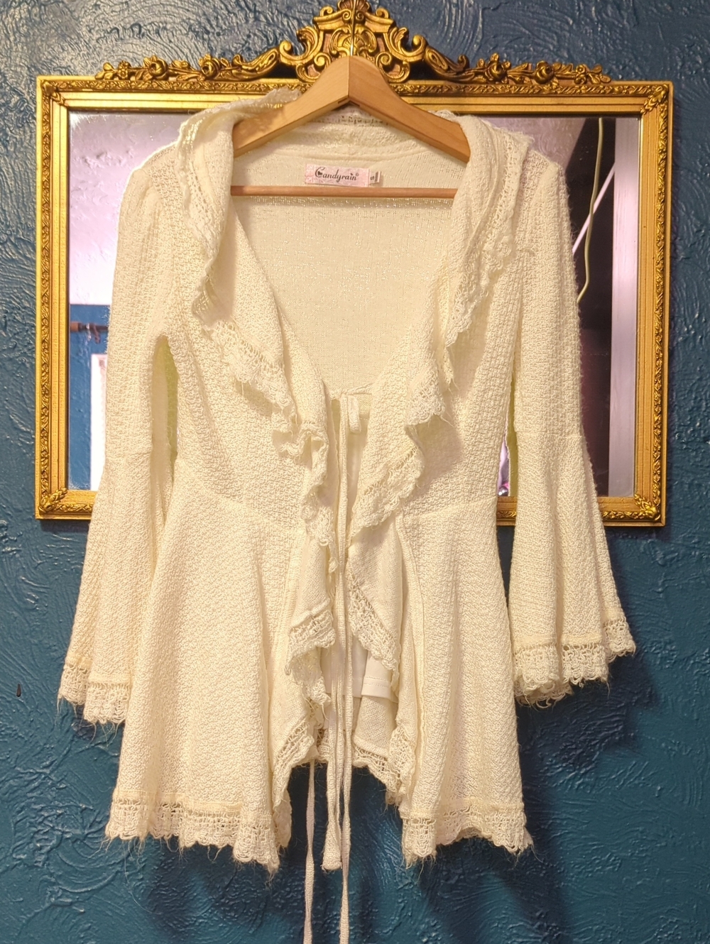 Candy Rain Quilted Cream Ruffle-Trim Haori-Style Tie Cardigan Coverall